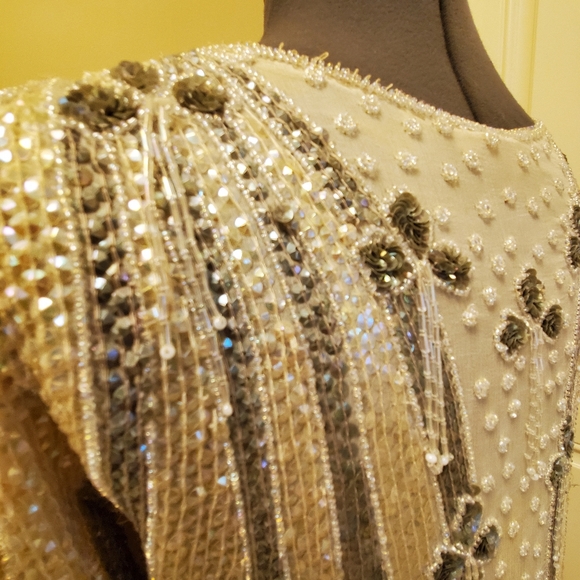 Beaded Sequined 100% Silk Evening Dress, Size S - Picture 7 of 10